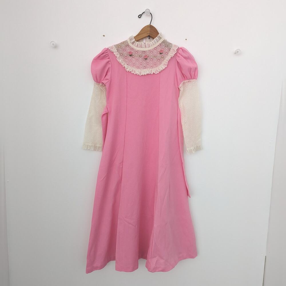 Vintage Growing Girls Dress Size 8 Pink Boho Lace Polyester Midi/Maxi Hippie